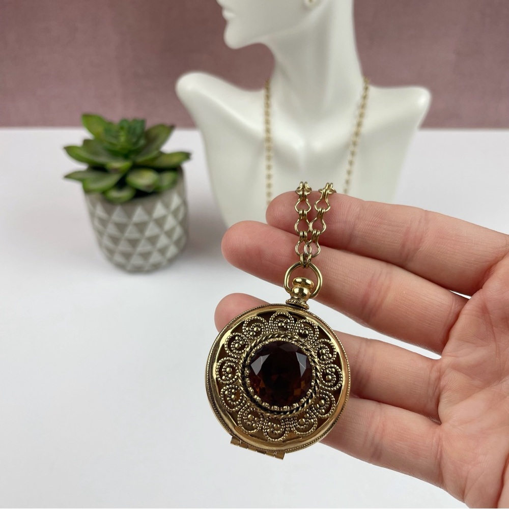Avon Locket Gold Brown Clear Stone Round Long Necklace Jewelry Women